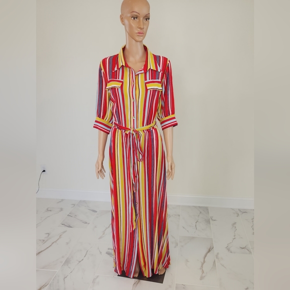 Strip multi color button down maxi shirt dress - Picture 4 of 13